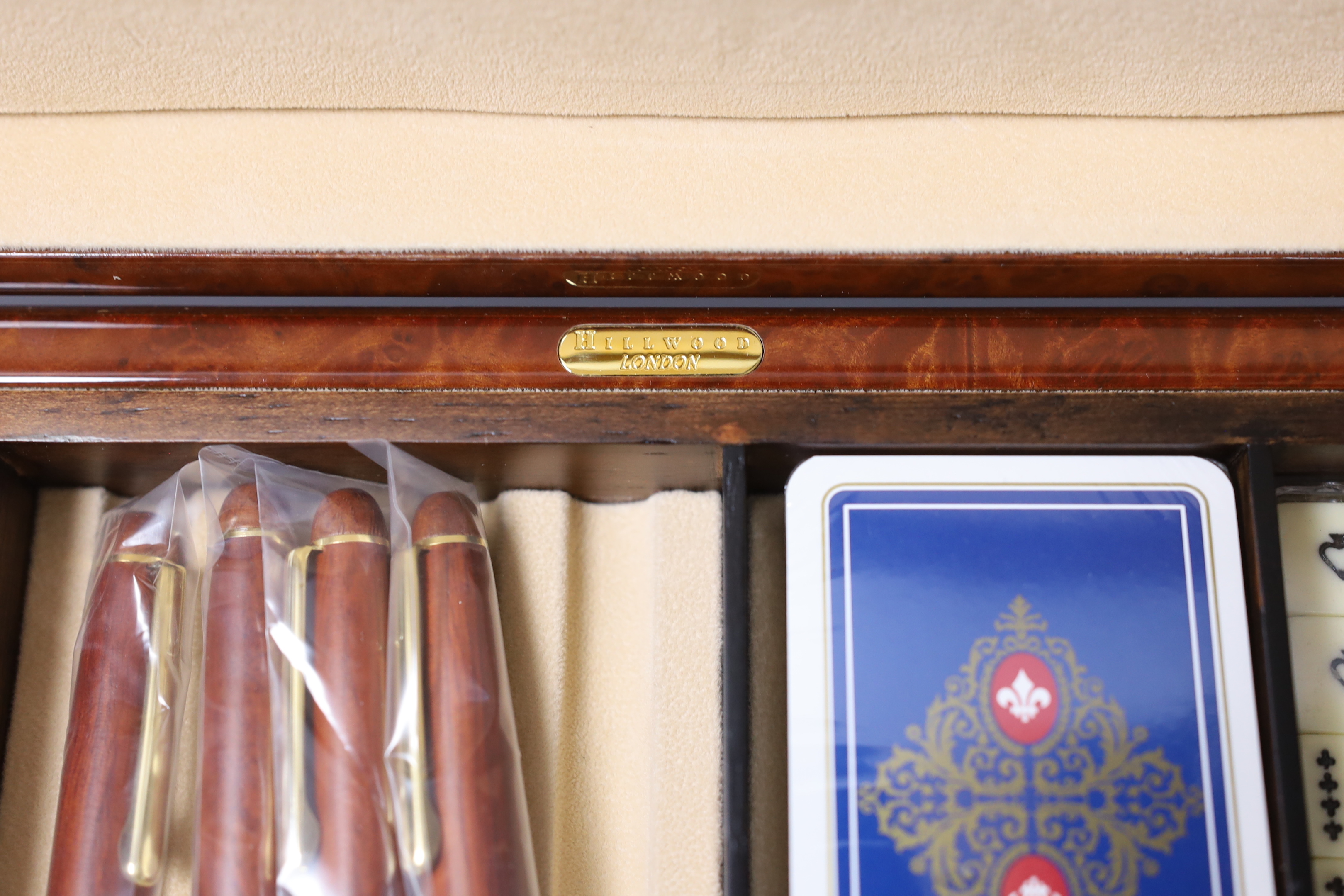 Hillwood London, a burr walnut games compendium, 41cm wide